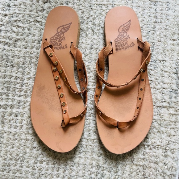Ancient Greek Mirsini Studded Nails Flat Leather Thong Sandals Tan Gold 39 / 9 - Picture 6 of 8